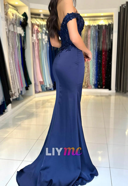 Off-Shoulder Lace Appliques Side Slit Mermaid Prom Dress