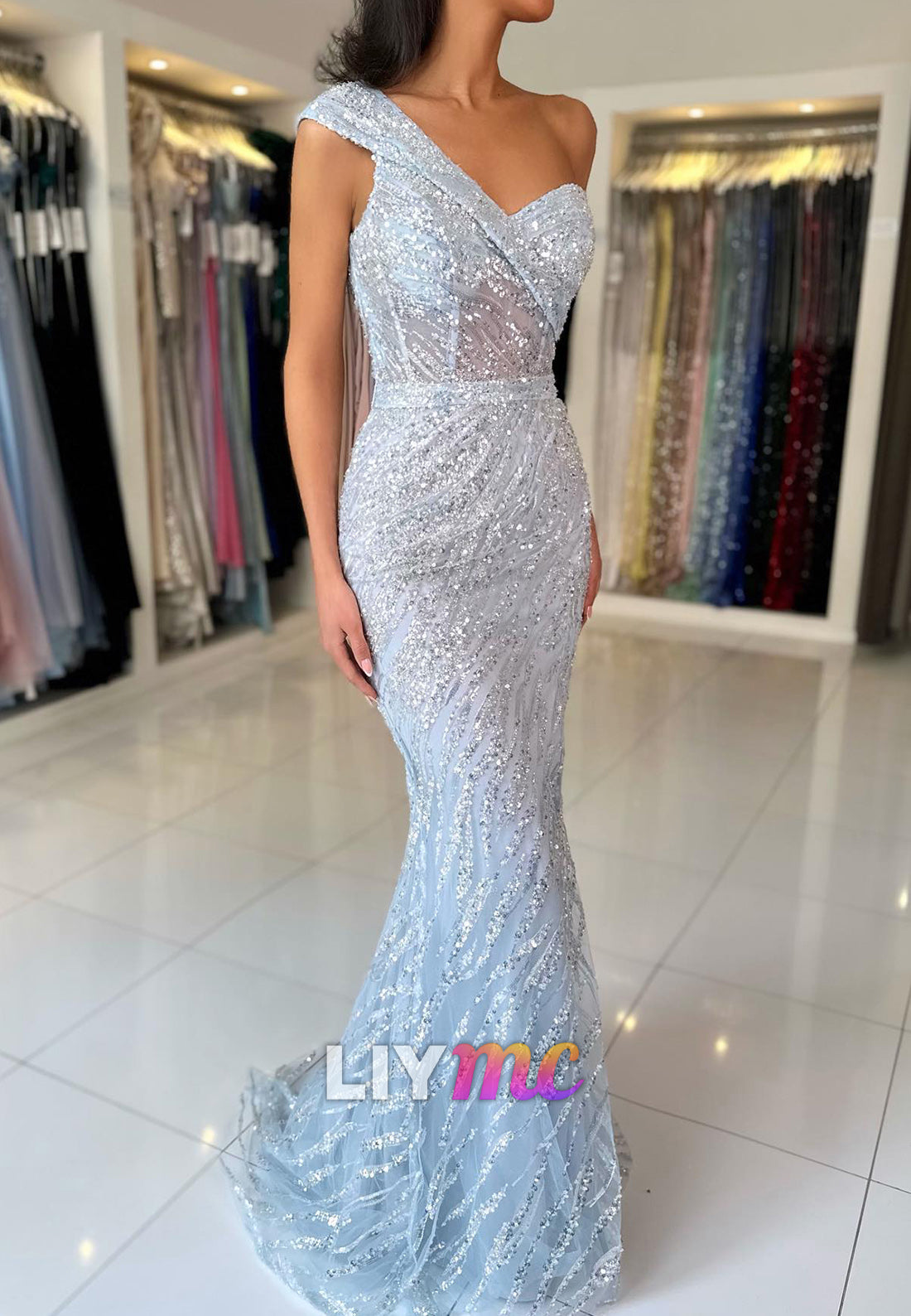 Off-Shoulder Sleeveless Side Slit Sequins Sparkly Mermaid Prom Dress