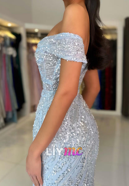 Off-Shoulder Sleeveless Side Slit Sequins Sparkly Mermaid Prom Dress
