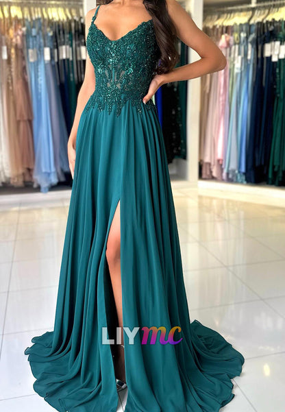 V-Neck Spaghetti Straps Appliques Beaded Pleated A-Line Prom Dress