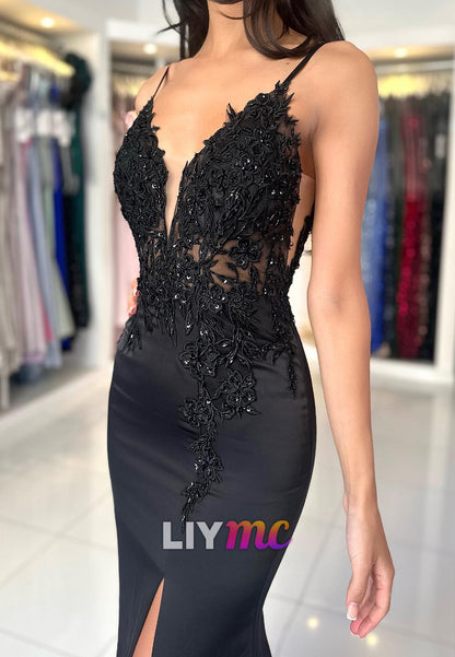 V-Neck Spaghetti Straps Lace Appliquess Sleek Mermaid Prom Dress