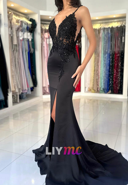 V-Neck Spaghetti Straps Lace Appliquess Sleek Mermaid Prom Dress