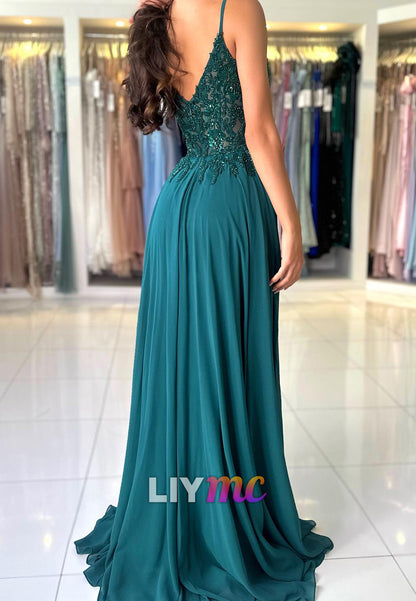 V-Neck Spaghetti Straps Appliques Beaded Pleated A-Line Prom Dress