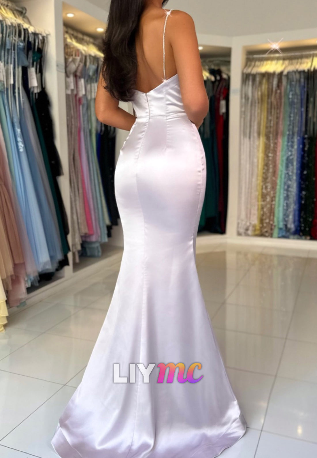 Scoop Spaghetti Straps Side Slit Sleek Mermaid Formal Dress
