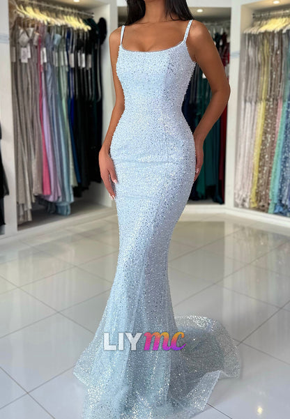 Scoop Spaghetti Straps Beaded Embroidery Sparkly Mermaid Prom Dress