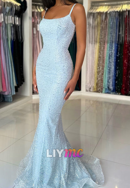 Scoop Spaghetti Straps Beaded Embroidery Sparkly Mermaid Prom Dress