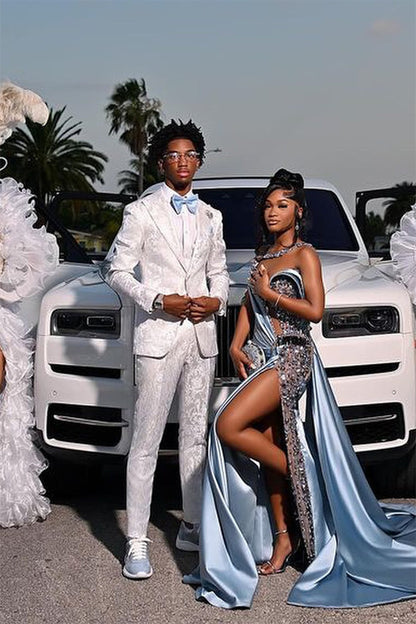 Dusty Blue One shoulder High Split Beaded Long Prom Dresses