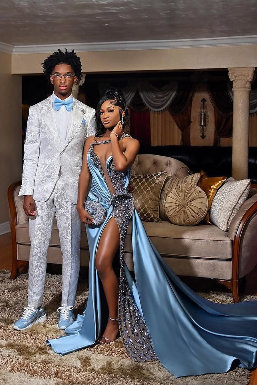 Dusty Blue One shoulder High Split Beaded Long Prom Dresses