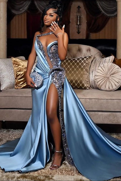 Dusty Blue One shoulder High Split Beaded Long Prom Dresses