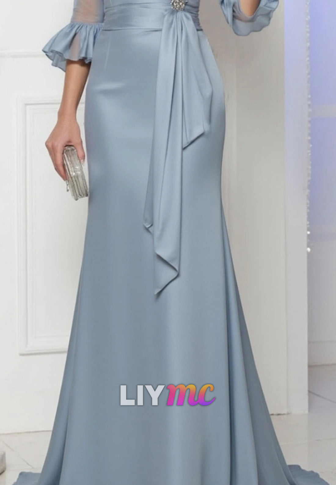 Evening Satin Dress Blue V Neck Lace up Maxi Dress for Mother of the Bride