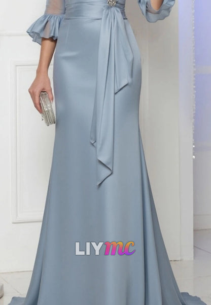 Evening Satin Dress Blue V Neck Lace up Maxi Dress for Mother of the Bride