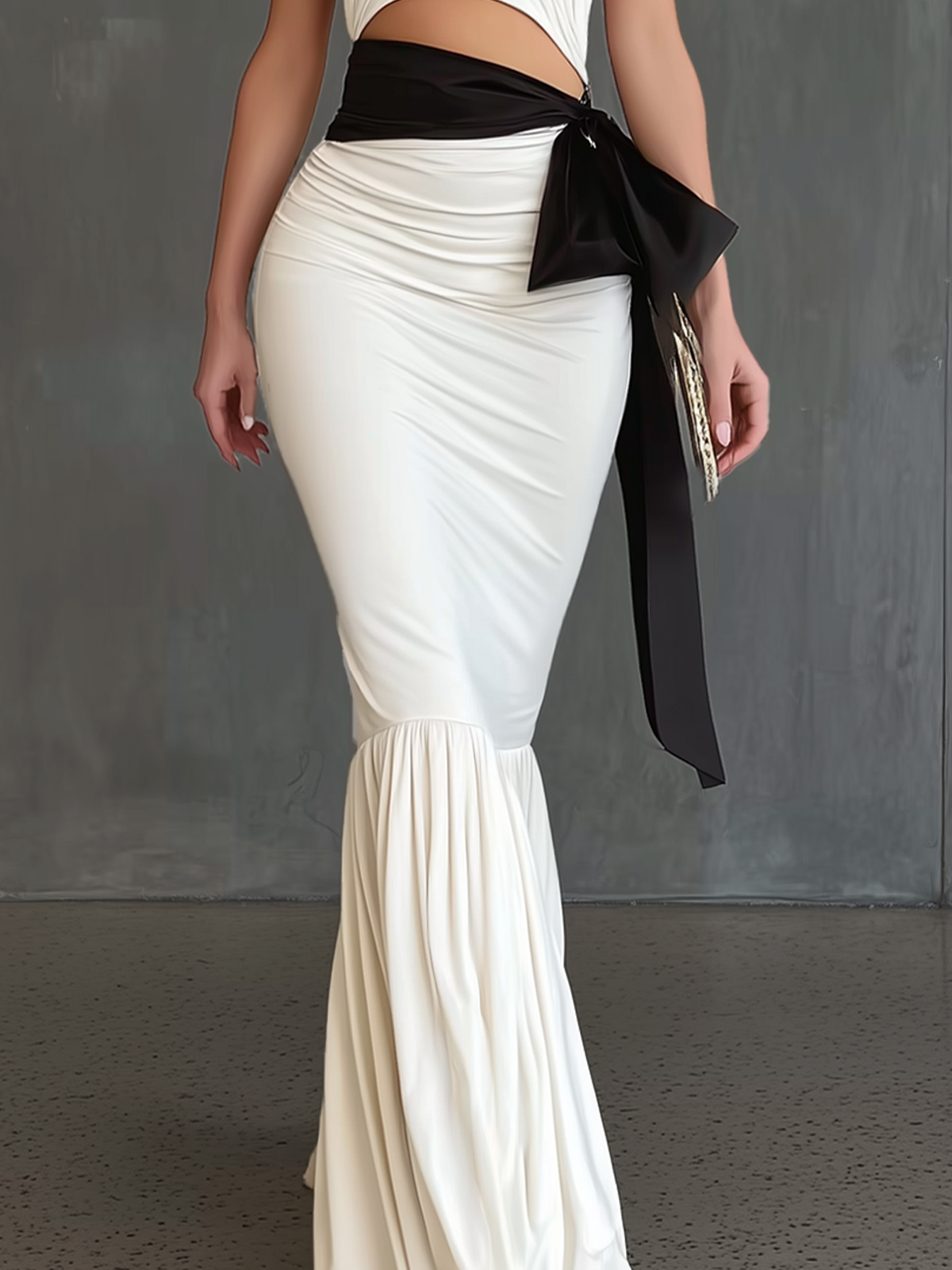 White Stretch Knit Openwork Halter Neck Twisted Bow Sleeveless Maxi Dress