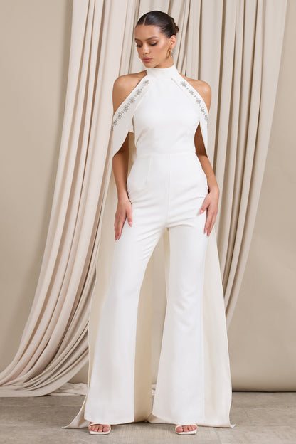 White High Neck Jumpsuit with Cold Shoulder Cape Sleeves