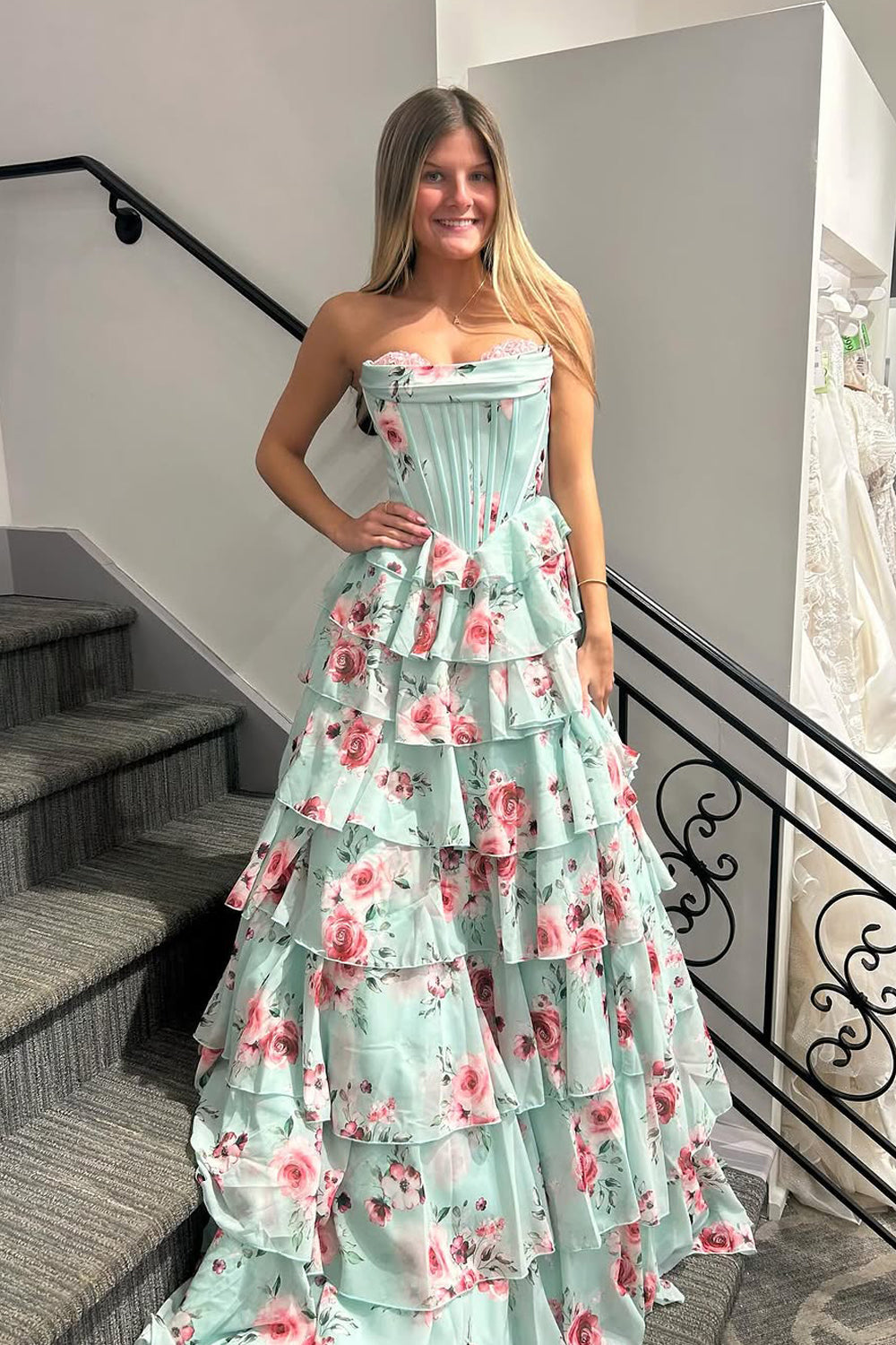 Cute A Line Strapless Sweetheart Floral Chiffon Tiered Long Prom Dress