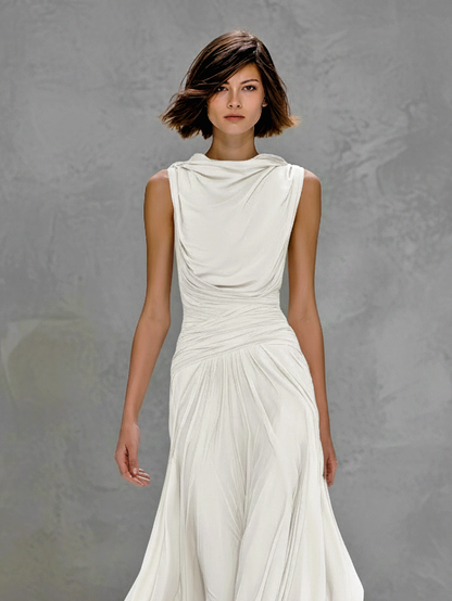 Women's Elegant White Sleeveless Stretchy Knit Slim-fit Maxi Dress With Ruched Waist