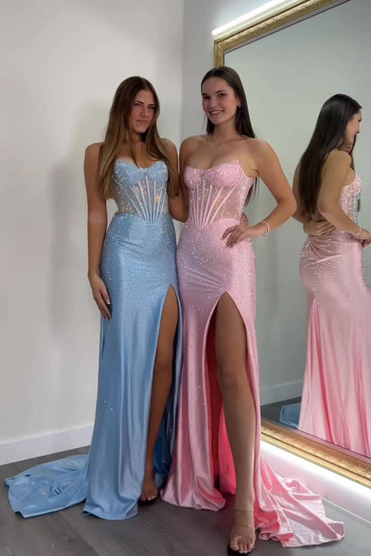 Mermaid Scoop Neck Satin Prom Dress with Rhinestones