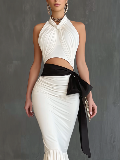 White Stretch Knit Openwork Halter Neck Twisted Bow Sleeveless Maxi Dress