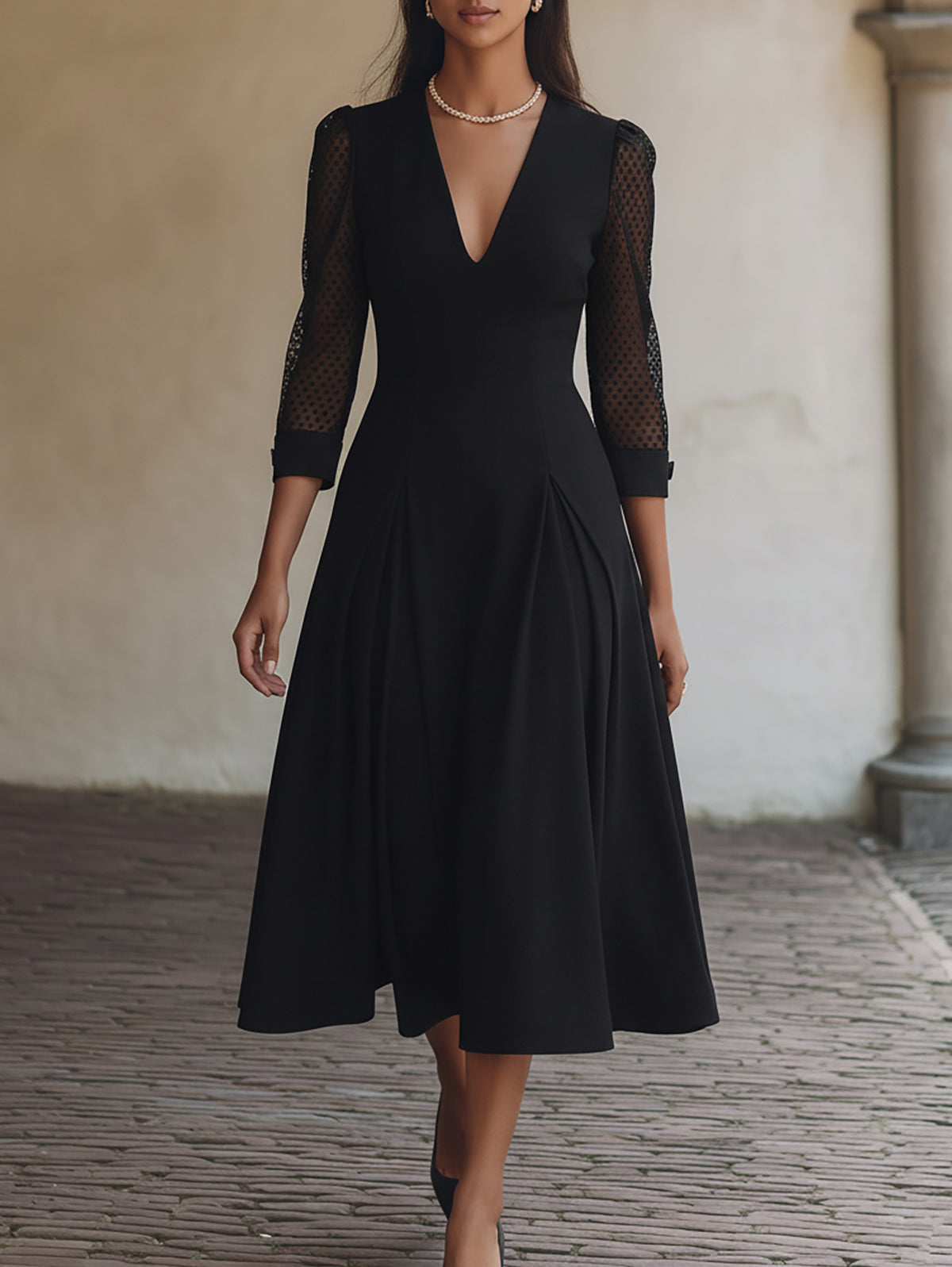 Elegant Black A-Line Dress With Polka Dot Mesh Sleeves