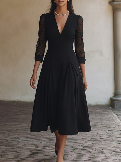 Elegant Black A-Line Dress With Polka Dot Mesh Sleeves
