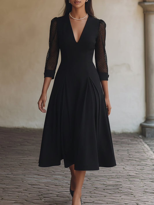 Elegant Black A-Line Dress With Polka Dot Mesh Sleeves