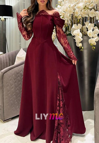 Off-Shoulder Long Sleeves Appliques A-Line Evening Dress