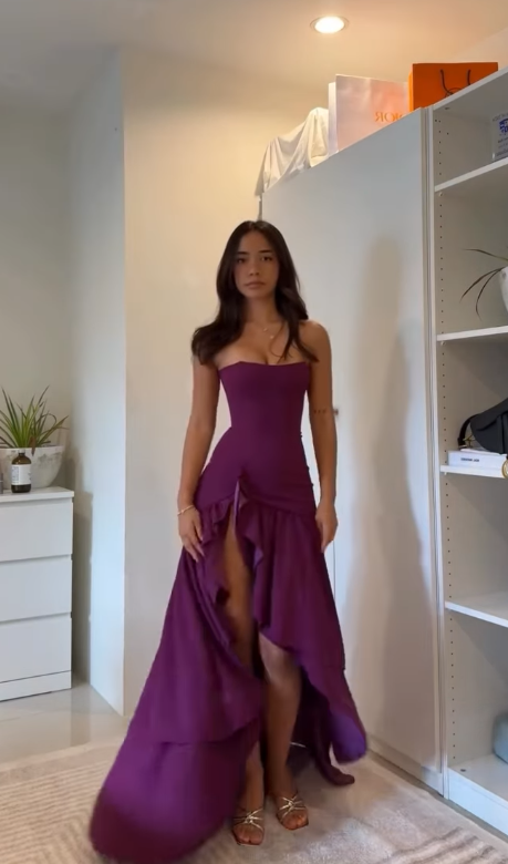 Chic Purple Straight Across Sleeveless Pleated Split Prom Dress YK0041