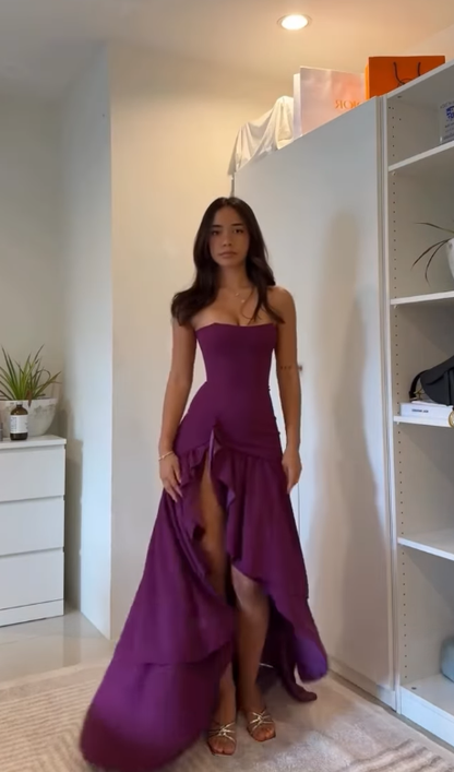 Chic Purple Straight Across Sleeveless Pleated Split Prom Dress YK0041