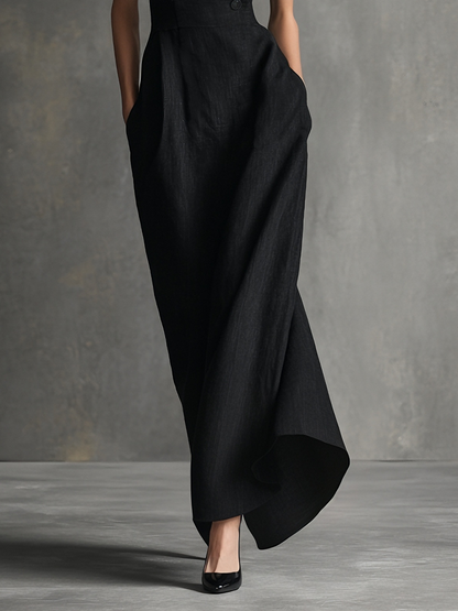 Women's Sophisticated Linen Blend Black Sleeveless Wide-Collar Double-Breasted Belted Asymmetric Maxi Dress