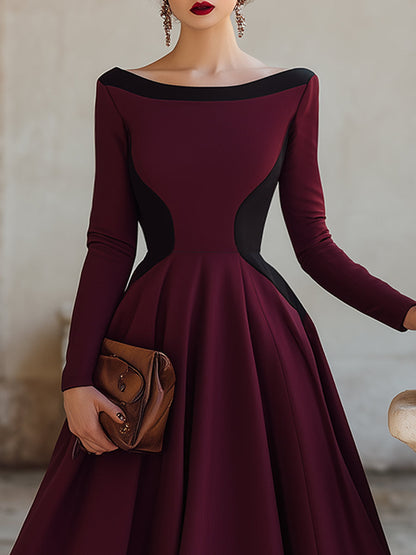 Burgundy Color-Block A-Line Dress With Black Accents