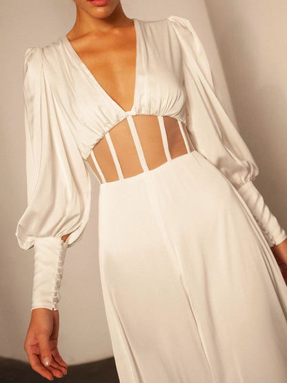 Simple V-Neck Puff Sleeve Belly-Hollow Backless Wide Leg Jumpsuits