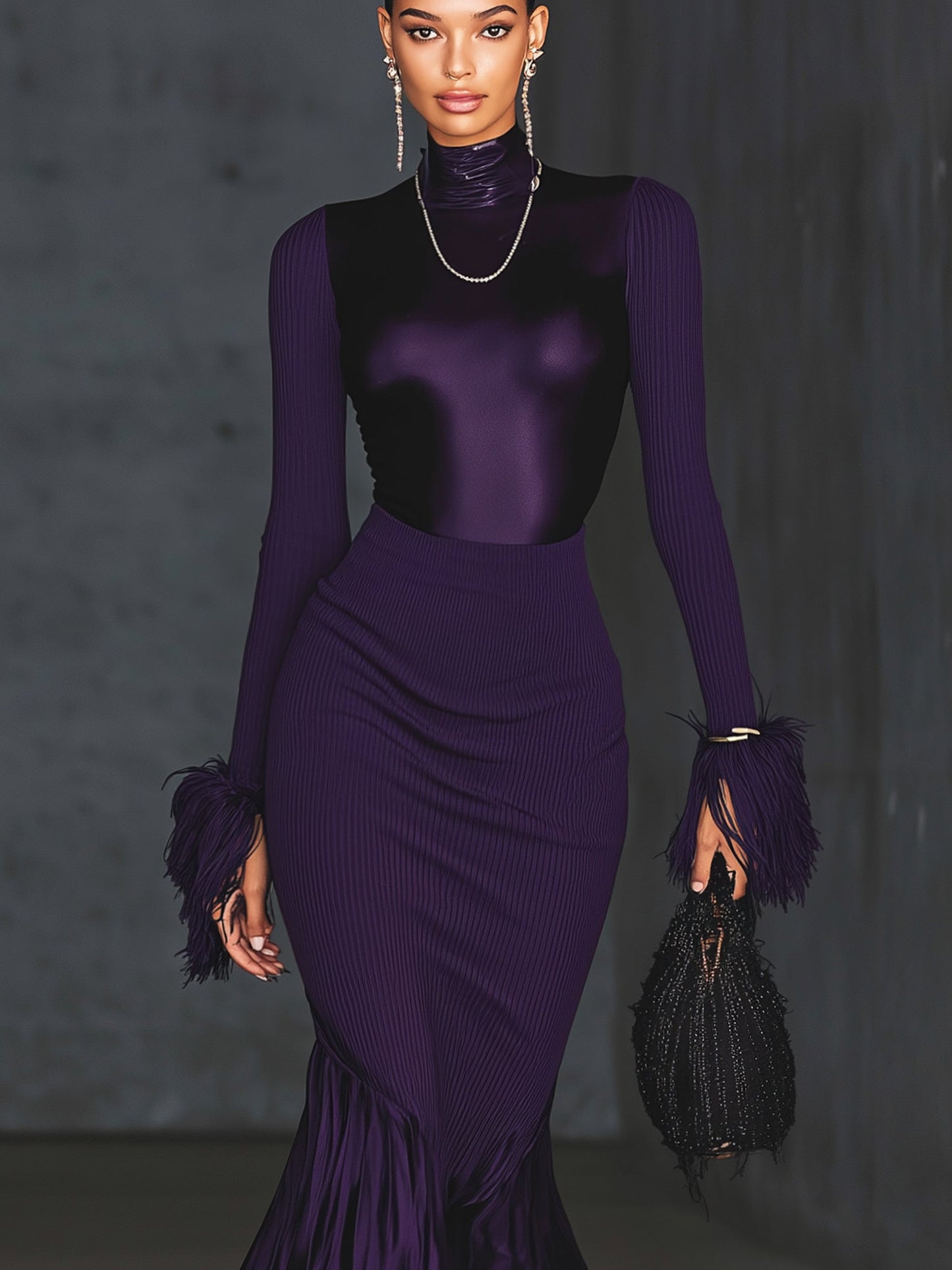 Purple Ribbed Knit Flared Long Sleeve Maxi Dress