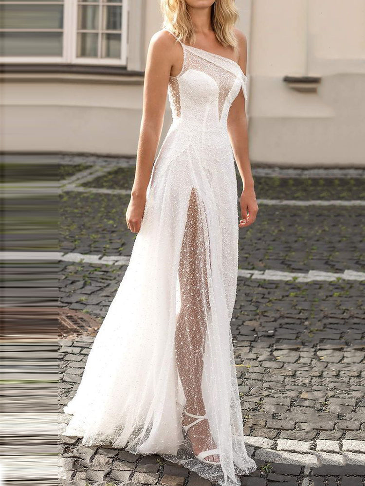 White One-Shoulder See-Through Split-Side Wedding Maxi Dress