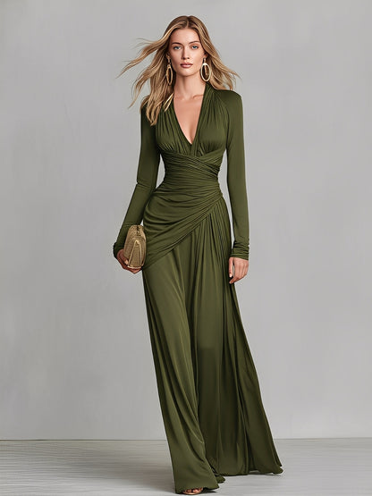 Women's Olive Green Stretchy Knit Dress With Deep V-Neck & Ruched Detail, Timeless Sleek-Glam Style Dress