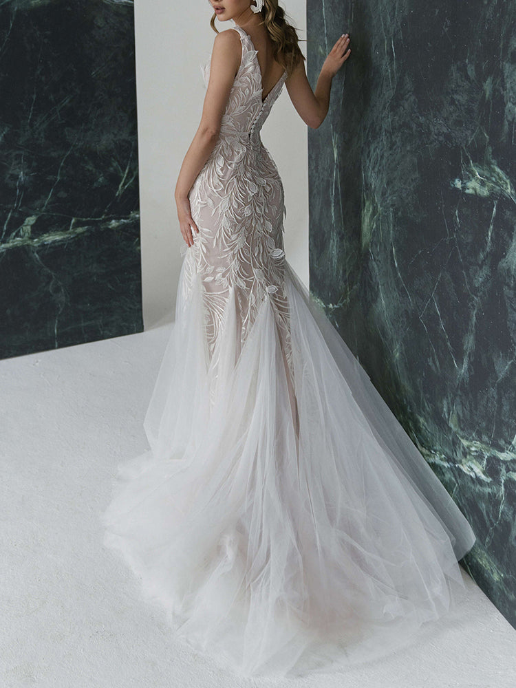 Elegant Deep V-Neck Embroidered Mesh V-Back Wedding Maxi Dress