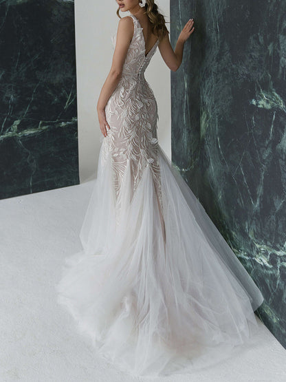 Elegant Deep V-Neck Embroidered Mesh V-Back Wedding Maxi Dress