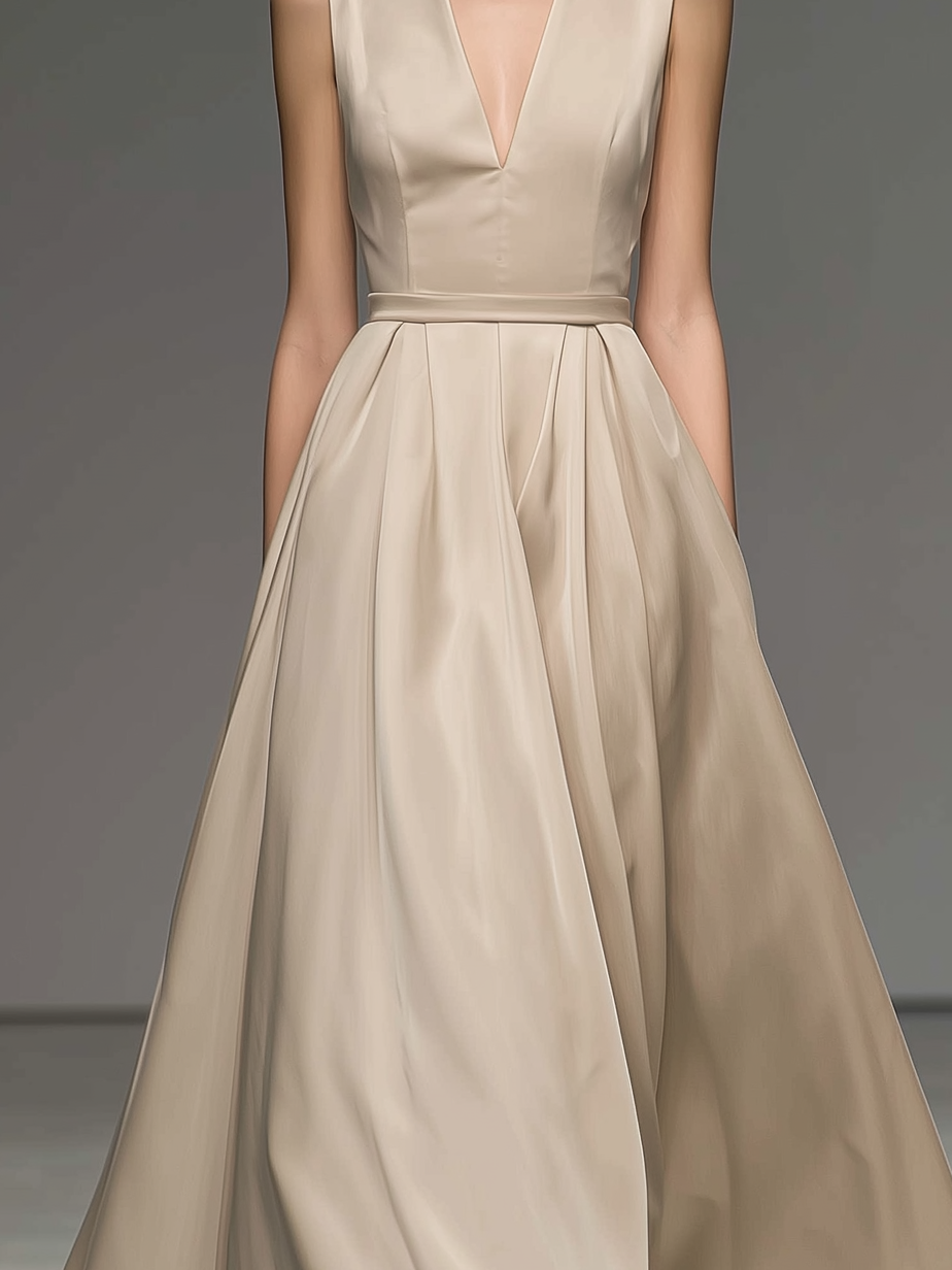 Women's Elegant Champagne-colored Satin Sleeveless V-neck Fitted Long Dress