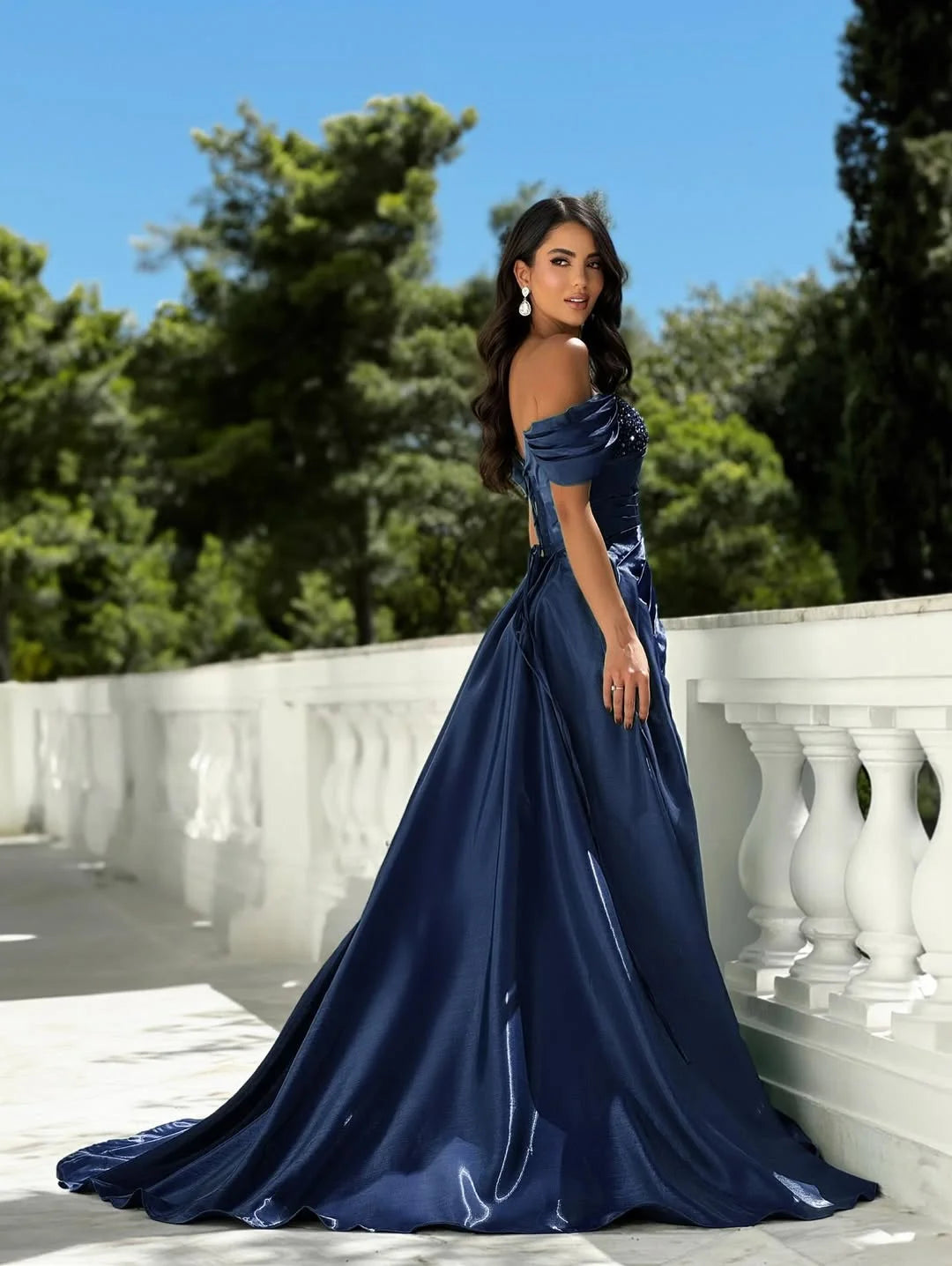 Graceful Dark Navy Off-The-Shoulder Beaded Split Pleated Prom Dress YK0569