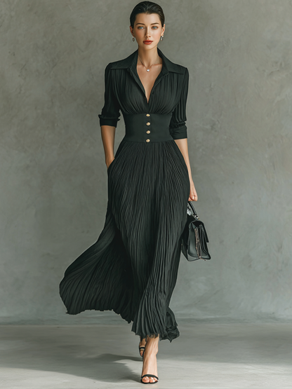 Women's Solid Color Pleated Lapel Waist Long Sleeve Maxi Dress