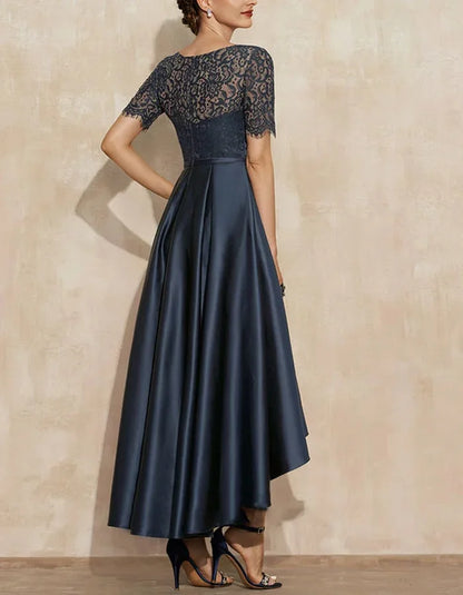 Lace Solid Color Round Neck Short Sleeves Midi Dress