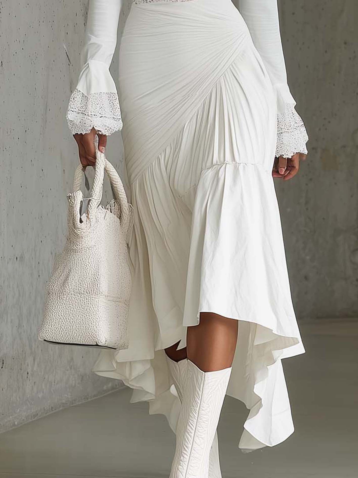 White Lace Patchwork Ruched Midi Dress