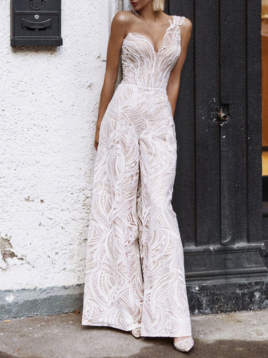 Stylish One-Shoulder Lace Backless Wide Leg Urban Jumpsuit