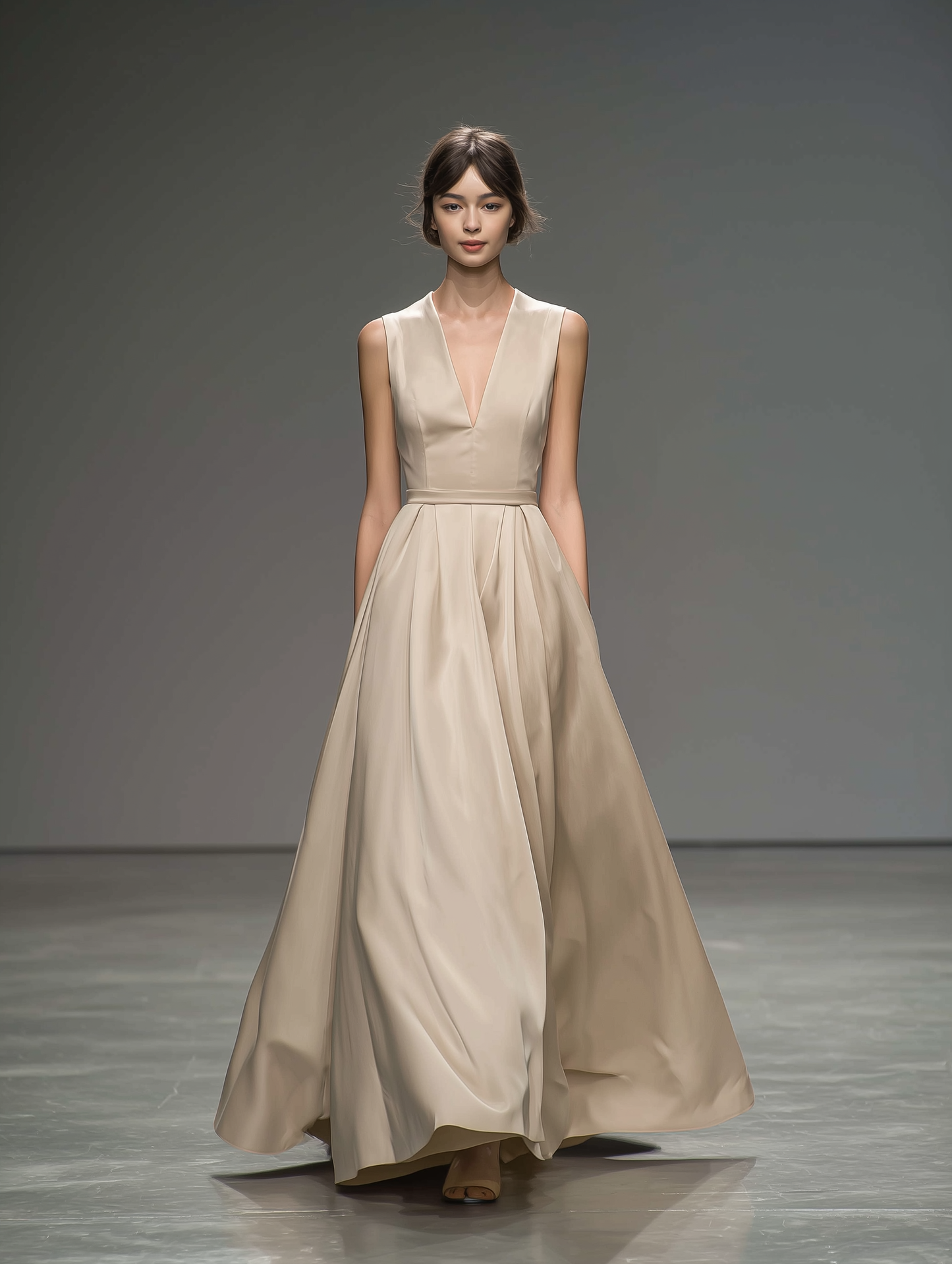 Women's Elegant Champagne-colored Satin Sleeveless V-neck Fitted Long Dress