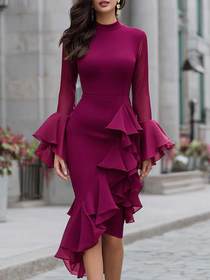 High-neck Fitted Cascade Ruffle Midi Dress