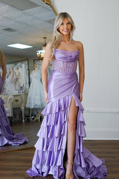 Charming Mermaid Scoop Neck Lavender Satin Tiered Prom Dress with Appliques
