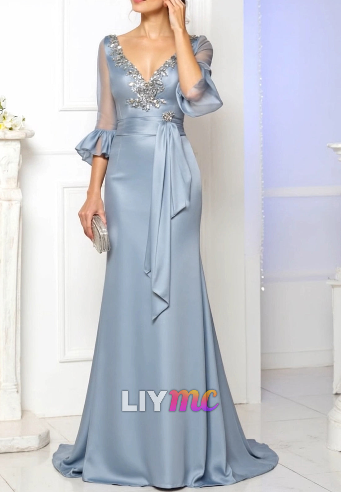 Evening Satin Dress Blue V Neck Lace up Maxi Dress for Mother of the Bride