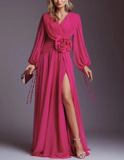 Elegant Chiffon Solid Color Long Sleeve Maxi Dress