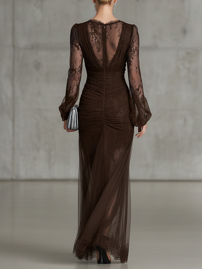 Black Lace Ruched Sheer Long Sleeve Slit Maxi Dress
