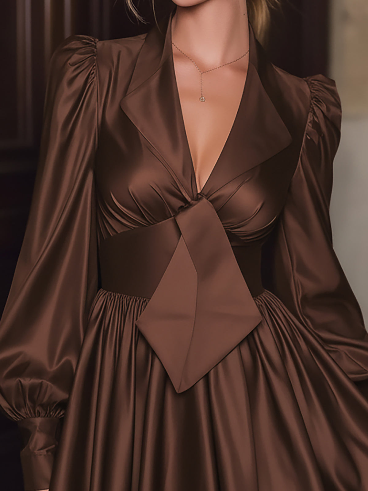 Chocolate Brown Satin Pleated A Line Dress