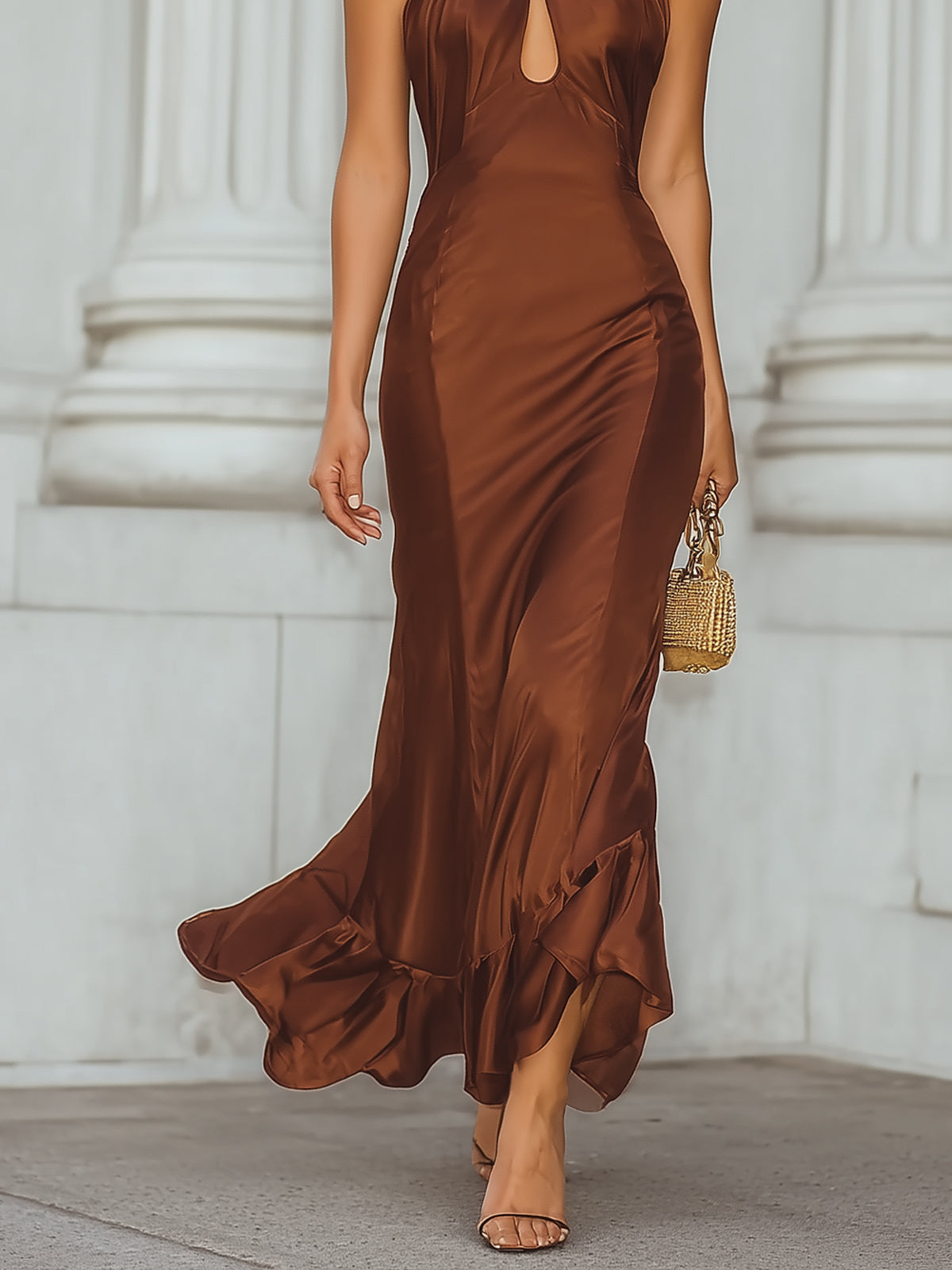 Caramel-colored Satin Openwork Halter Neck Long Dress