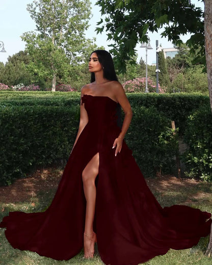 Elegant Straight Across Pink Split Sleeveless Handmade Flower Prom Dress YK0162